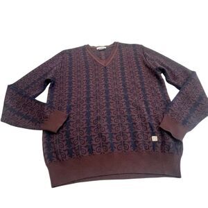 Versace Collection Men's V-Neck Long Sleeve Pullover Sweater Brown Navy Large